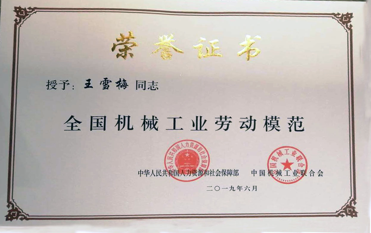 我司副總工程師王雪梅同志喜獲全國機(jī)械工業(yè)勞動(dòng)模范稱號